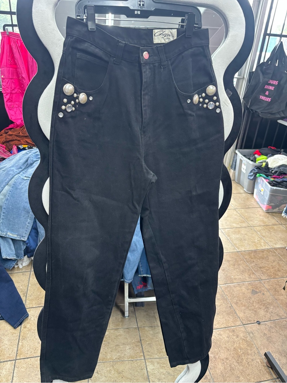 VINTAGE Black Straight Leg Jeans with Pearl Stud Embellishments